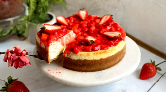 طرز تهیه چیز کیک توت فرنگی با روش بن ماری