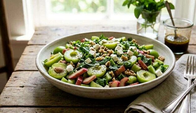 سالاد بهاری گوجه سبز و ریواس؛ ترکیبی ترش، تازه و خوش‌عطر